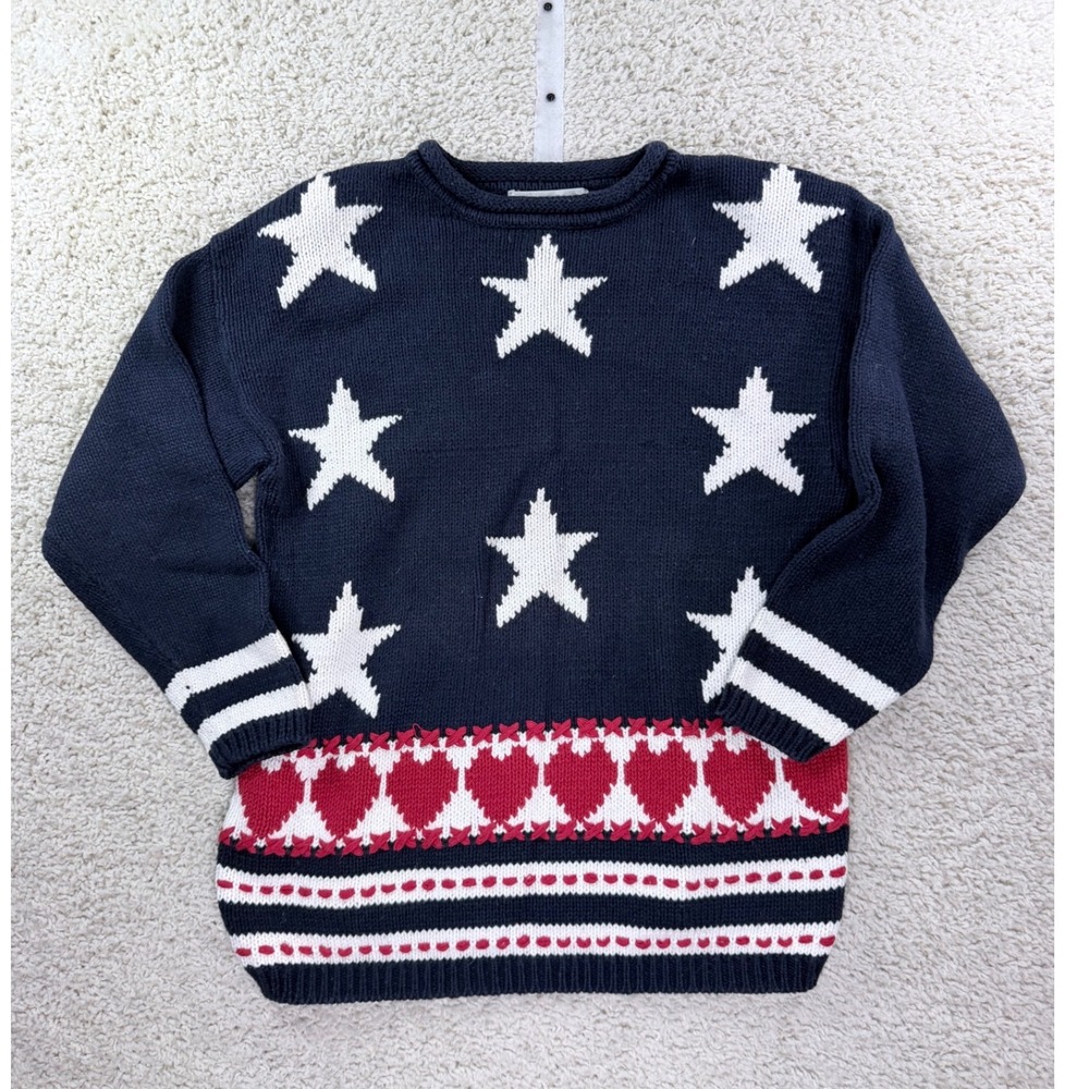 Claudia D Sweater Womens L Navy Stars Hearts Vintage 1994 Americana Patriotic